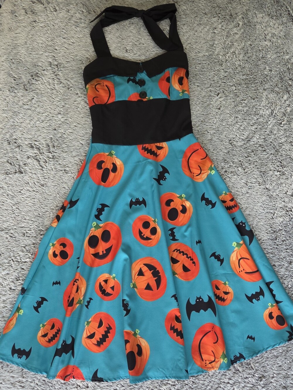Halloween Pumpkin Halter Dress - Teal & Black Sz Small